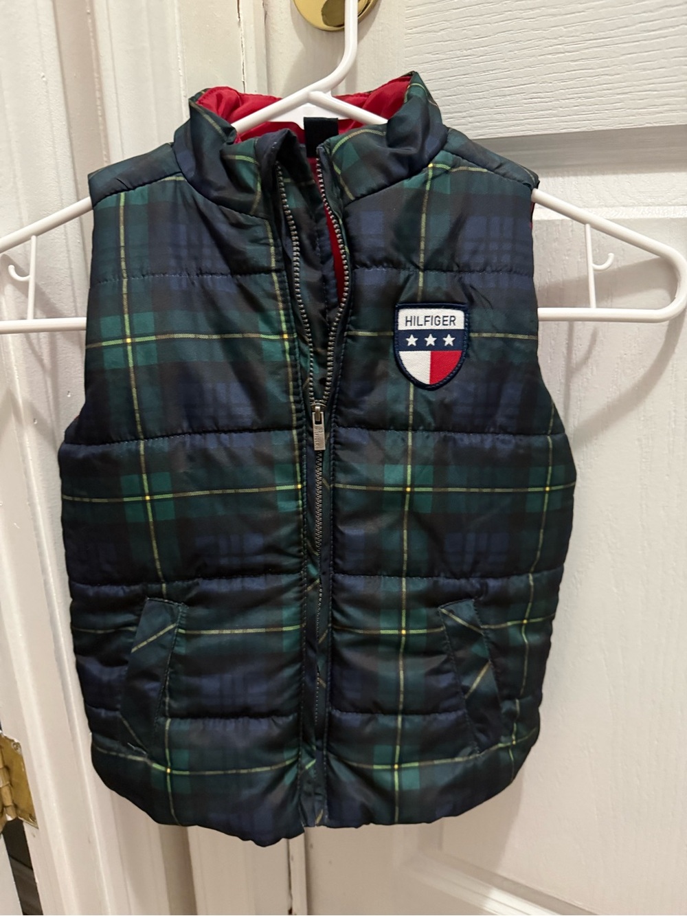 Vintage Tommy Hilfiger Kids Reversible Plaid Puffer Vest Tartan Green Red 2T